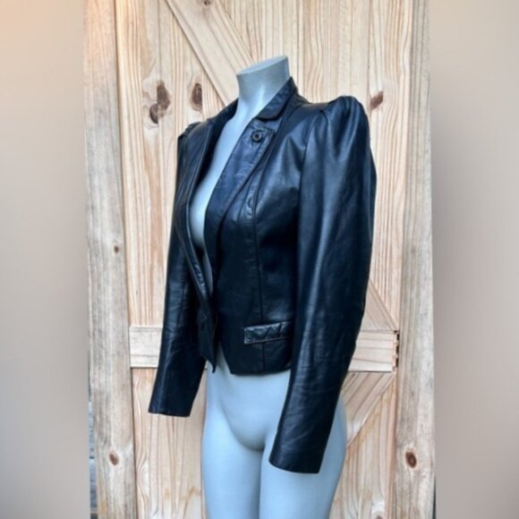 Vintage Retro 70s Wilsons Black Cropped Leather Tuxedo Style Jacket~S~ - Picture 4 of 9